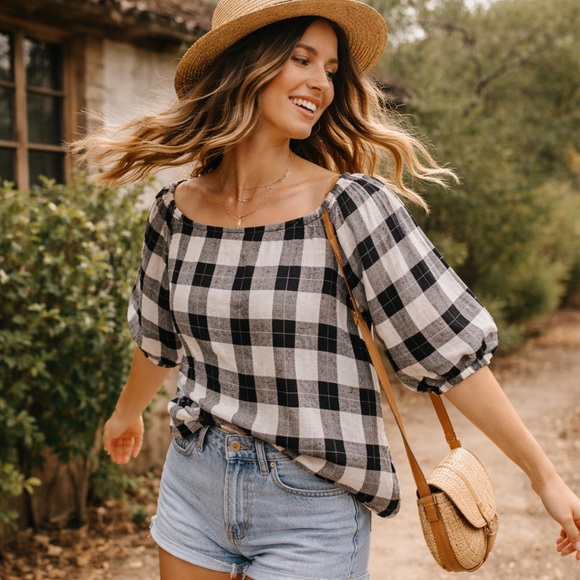 Universal Thread Tops - Cottagecore Puff Sleeve Gingham Plaid Off Shoulder Boho Top M